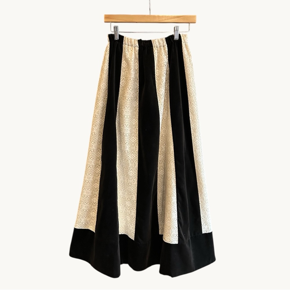 VINTAGE 70s JEANNE BOUCHEVER Cotton Velvet & Lace Patchwork Maxi Skirt S-L - Picture 2 of 16